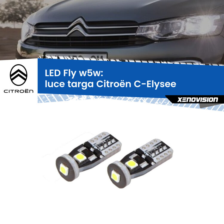 0 Luce Targa LED Citroën C-Elysee 2012 in poi: W5W Fly <strong>luce targa LED per Citroën C-Elysee</strong> 2012 in poi. Coppia lampadine <strong>w5w</strong> Canbus compatte modello Fly Xenovision.