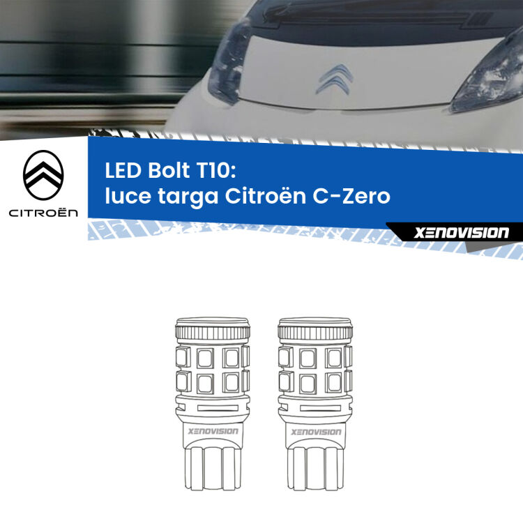 0 Luce Targa LED Citroën C-Zero 2010 - 2019: T10 Bolt <strong>Luce Targa LED per Citroën C-Zero</strong> 2010 - 2019. Coppia lampade <strong>T10</strong> modello Bolt canbus.