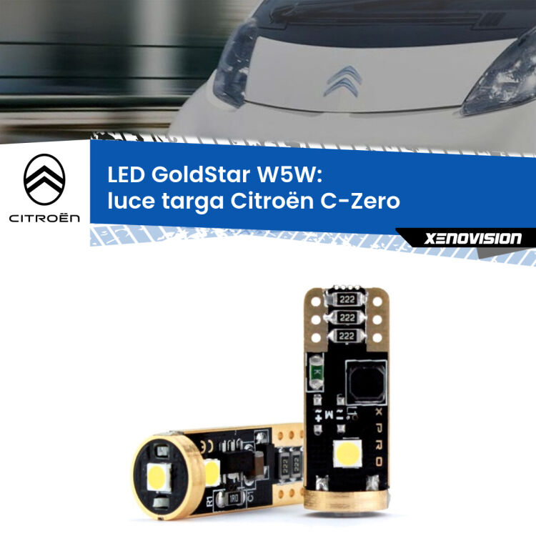 0 Luce Targa LED Citroën C-Zero 2010 - 2019: T10 GoldStar <strong>Luce Targa LED Citroën C-Zero</strong> 2010 - 2019: ottima luminosità a 360 gradi. Si inseriscono ovunque. Canbus, Top Quality.