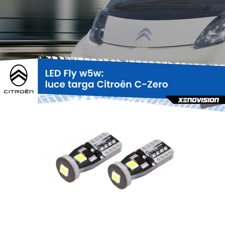 0 Luce Targa LED Citroën C-Zero 2010 - 2019: W5W Fly <strong>luce targa LED per Citroën C-Zero</strong> 2010 - 2019. Coppia lampadine <strong>w5w</strong> Canbus compatte modello Fly Xenovision.