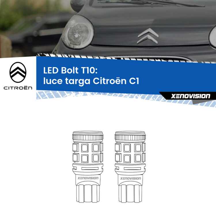 0 Luce Targa LED Citroën C1 2005 - 2013: T10 Bolt <strong>Luce Targa LED per Citroën C1</strong> 2005 - 2013. Coppia lampade <strong>T10</strong> modello Bolt canbus.