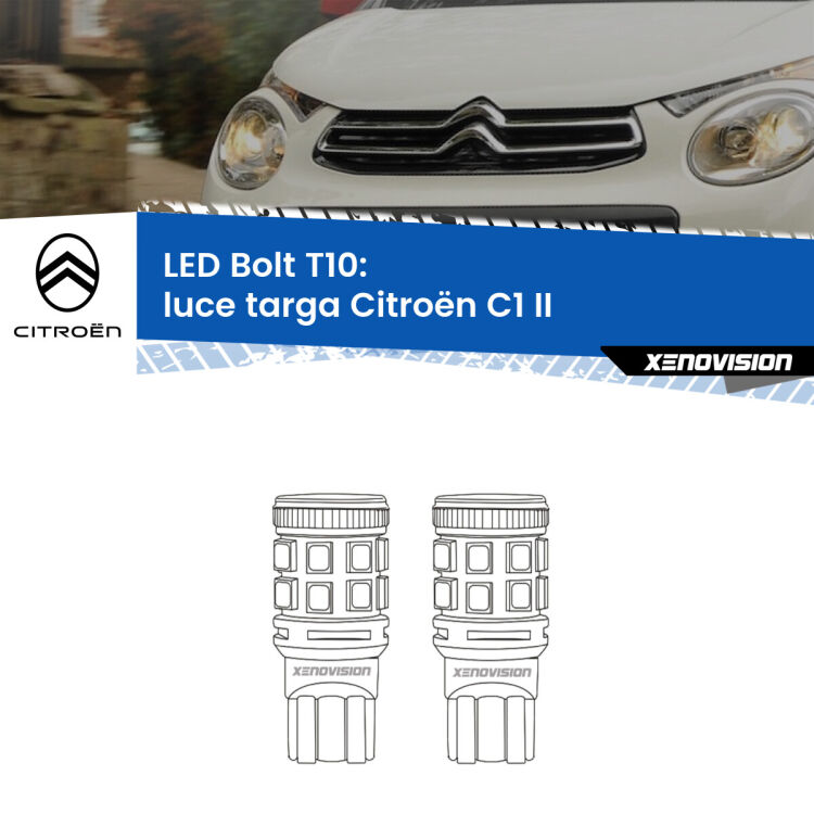 0 Luce Targa LED Citroën C1 II 2014 in poi: T10 Bolt <strong>Luce Targa LED per Citroën C1</strong> II 2014 in poi. Coppia lampade <strong>T10</strong> modello Bolt canbus.