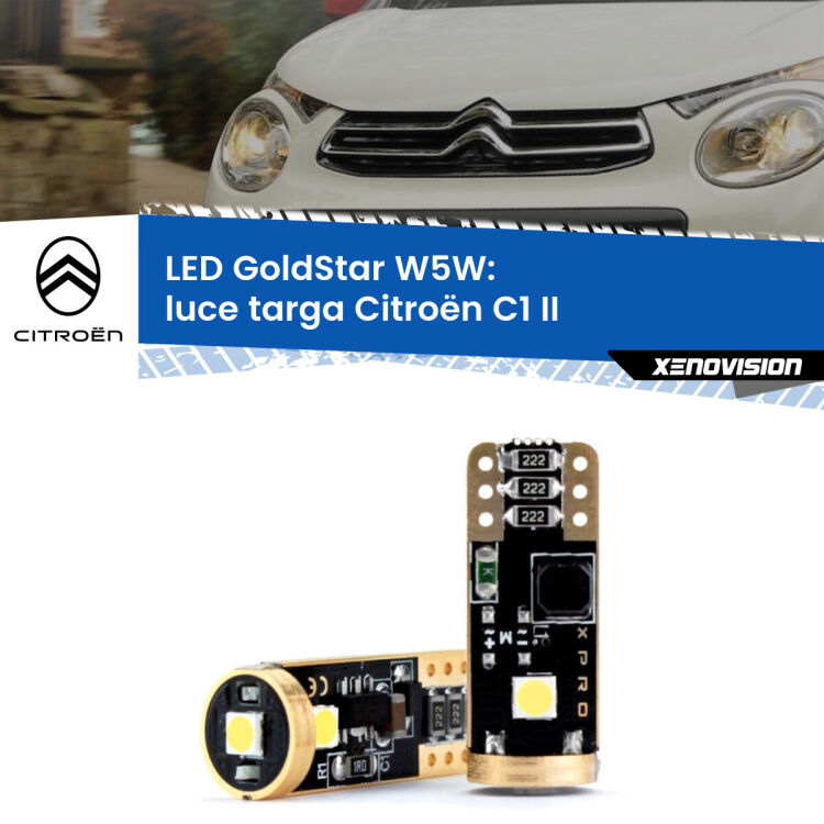 0 Luce Targa LED Citroën C1 II 2014 in poi: T10 GoldStar <strong>Luce Targa LED Citroën C1</strong> II 2014 in poi: ottima luminosità a 360 gradi. Si inseriscono ovunque. Canbus, Top Quality.