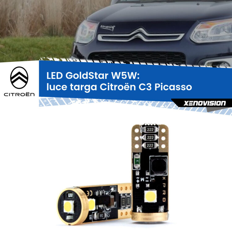 0 Luce Targa LED Citroën C3 Picasso  2009 - 2016: T10 GoldStar <strong>Luce Targa LED Citroën C3 Picasso</strong>  2009 - 2016: ottima luminosità a 360 gradi. Si inseriscono ovunque. Canbus, Top Quality.