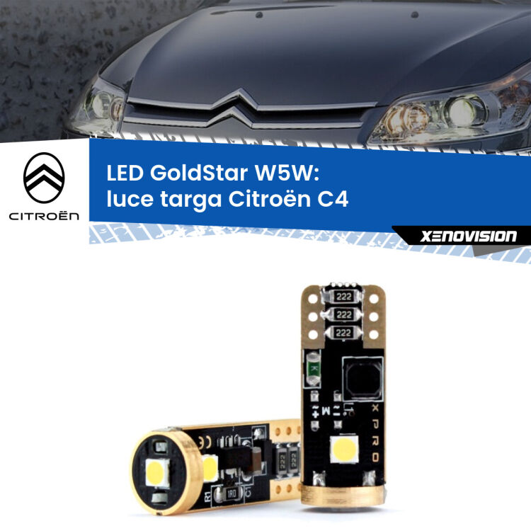 0 Luce Targa LED Citroën C4  2004 - 2011: T10 GoldStar <strong>Luce Targa LED Citroën C4</strong>  2004 - 2011: ottima luminosità a 360 gradi. Si inseriscono ovunque. Canbus, Top Quality.