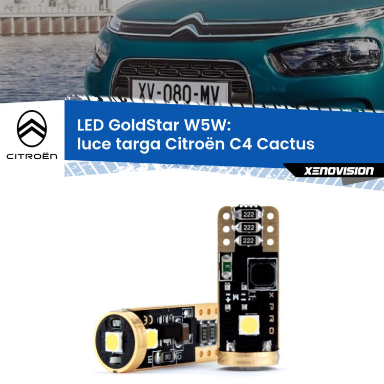 0 Luce Targa LED Citroën C4 Cactus 2014 in poi: T10 GoldStar <strong>Luce Targa LED Citroën C4 Cactus</strong> 2014 in poi: ottima luminosità a 360 gradi. Si inseriscono ovunque. Canbus, Top Quality.