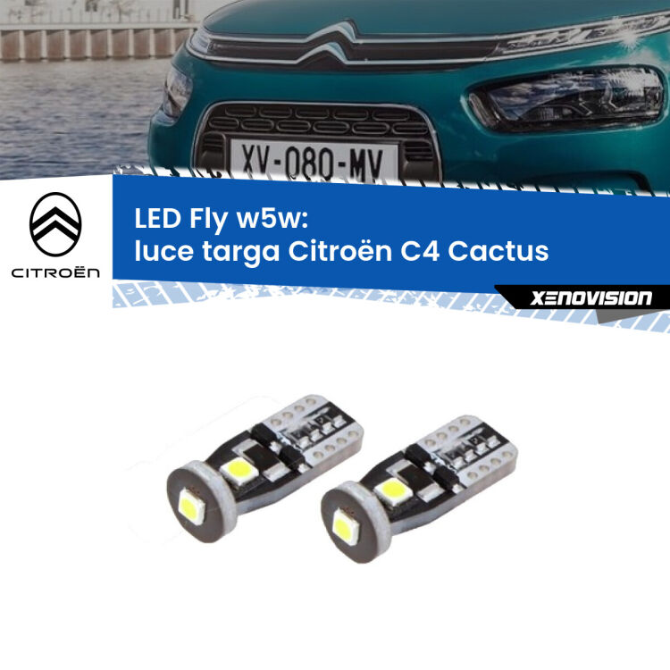 0 Luce Targa LED Citroën C4 Cactus 2014 in poi: W5W Fly <strong>luce targa LED per Citroën C4 Cactus</strong> 2014 in poi. Coppia lampadine <strong>w5w</strong> Canbus compatte modello Fly Xenovision.