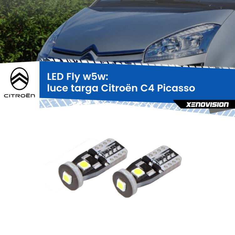 0 Luce Targa LED Citroën C4 Picasso  2006 - 2013: W5W Fly <strong>luce targa LED per Citroën C4 Picasso</strong>  2006 - 2013. Coppia lampadine <strong>w5w</strong> Canbus compatte modello Fly Xenovision.