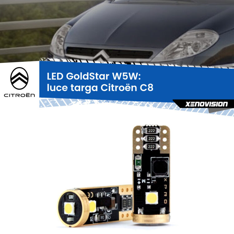 0 Luce Targa LED Citroën C8 2002 - 2010: T10 GoldStar <strong>Luce Targa LED Citroën C8</strong> 2002 - 2010: ottima luminosità a 360 gradi. Si inseriscono ovunque. Canbus, Top Quality.