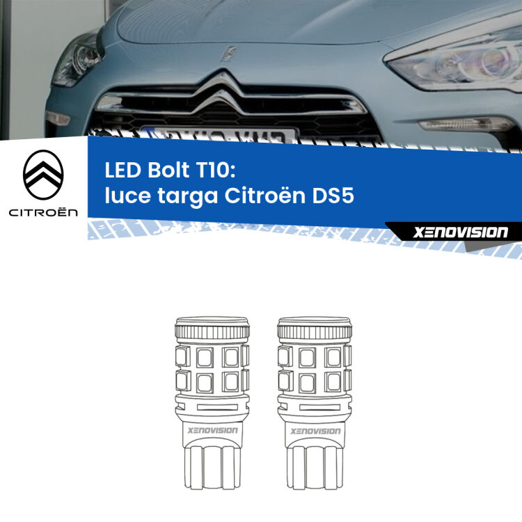 0 Luce Targa LED Citroën DS5  2011 - 2015: T10 Bolt <strong>Luce Targa LED per Citroën DS5</strong>  2011 - 2015. Coppia lampade <strong>T10</strong> modello Bolt canbus.