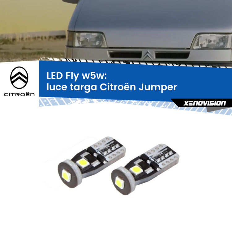 0 Luce Targa LED Citroën Jumper 1999 - 2002: W5W Fly <strong>luce targa LED per Citroën Jumper</strong> 1999 - 2002. Coppia lampadine <strong>w5w</strong> Canbus compatte modello Fly Xenovision.