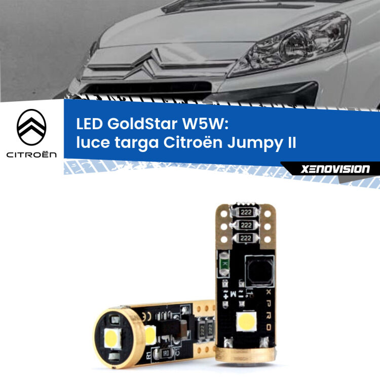 0 Luce Targa LED Citroën Jumpy II 2006 - 2015: T10 GoldStar <strong>Luce Targa LED Citroën Jumpy</strong> II 2006 - 2015: ottima luminosità a 360 gradi. Si inseriscono ovunque. Canbus, Top Quality.