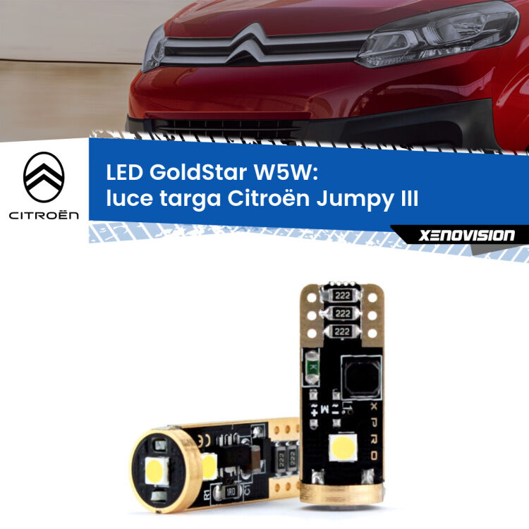 0 Luce Targa LED Citroën Jumpy III 2016 in poi: T10 GoldStar <strong>Luce Targa LED Citroën Jumpy</strong> III 2016 in poi: ottima luminosità a 360 gradi. Si inseriscono ovunque. Canbus, Top Quality.