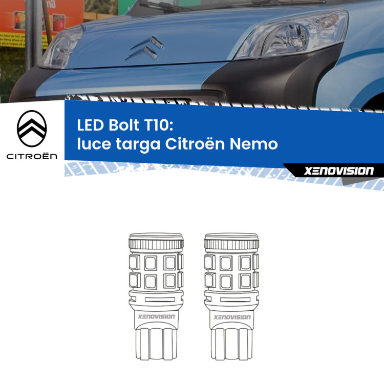 0 Luce Targa LED Citroën Nemo 2008 in poi: T10 Bolt <strong>Luce Targa LED per Citroën Nemo</strong> 2008 in poi. Coppia lampade <strong>T10</strong> modello Bolt canbus.