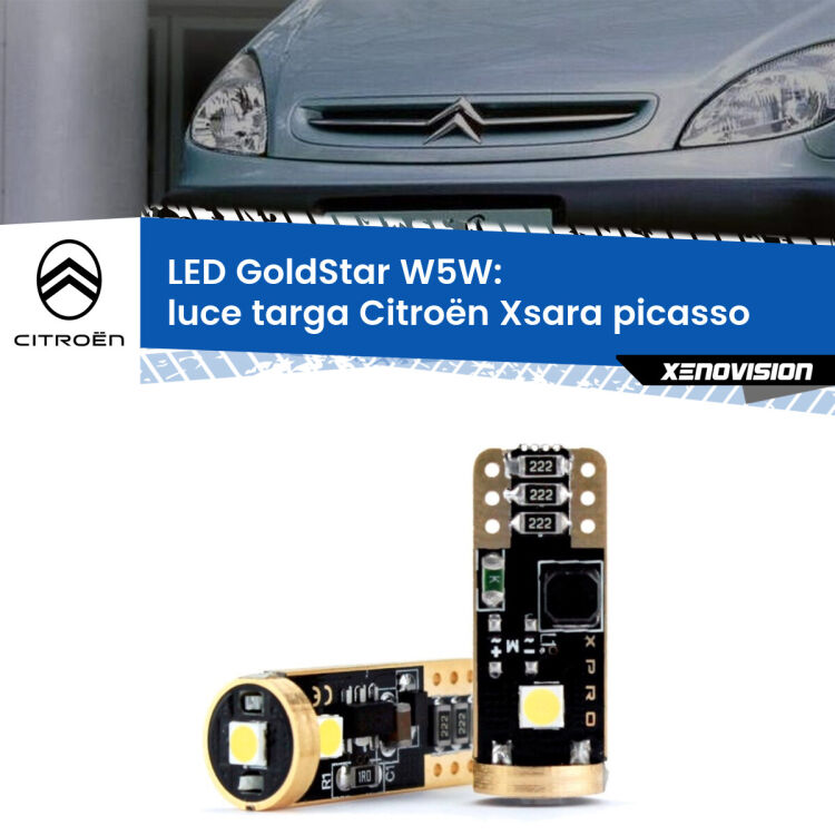 0 Luce Targa LED Citroën Xsara picasso 1999 - 2012: T10 GoldStar <strong>Luce Targa LED Citroën Xsara picasso</strong> 1999 - 2012: ottima luminosità a 360 gradi. Si inseriscono ovunque. Canbus, Top Quality.