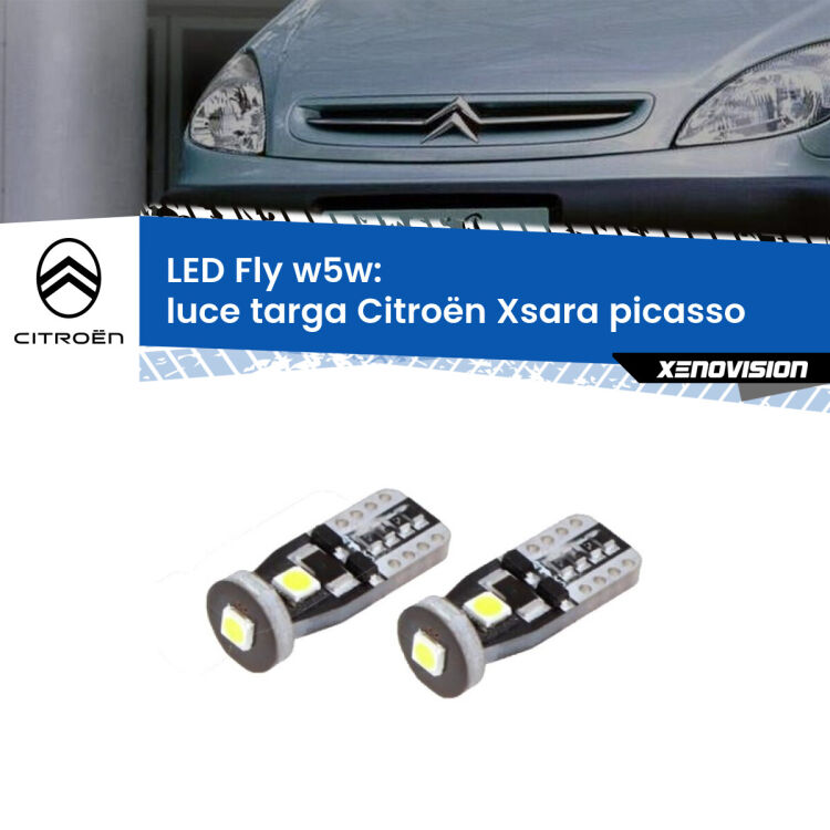 0 Luce Targa LED Citroën Xsara picasso 1999 - 2012: W5W Fly <strong>luce targa LED per Citroën Xsara picasso</strong> 1999 - 2012. Coppia lampadine <strong>w5w</strong> Canbus compatte modello Fly Xenovision.