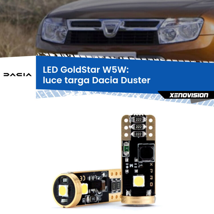 0 Luce Targa LED Dacia Duster 2010 - 2016: T10 GoldStar <strong>Luce Targa LED Dacia Duster</strong> 2010 - 2016: ottima luminosità a 360 gradi. Si inseriscono ovunque. Canbus, Top Quality.