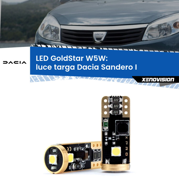 0 Luce Targa LED Dacia Sandero I 2008 - 2012: T10 GoldStar <strong>Luce Targa LED Dacia Sandero I</strong> 2008 - 2012: ottima luminosità a 360 gradi. Si inseriscono ovunque. Canbus, Top Quality.