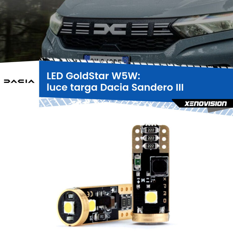 0 Luce Targa LED Dacia Sandero III 2020 in poi: T10 GoldStar <strong>Luce Targa LED Dacia Sandero III</strong> 2020 in poi: ottima luminosità a 360 gradi. Si inseriscono ovunque. Canbus, Top Quality.