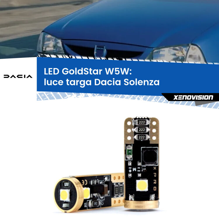 0 Luce Targa LED Dacia Solenza 2003 in poi: T10 GoldStar <strong>Luce Targa LED Dacia Solenza</strong> 2003 in poi: ottima luminosità a 360 gradi. Si inseriscono ovunque. Canbus, Top Quality.