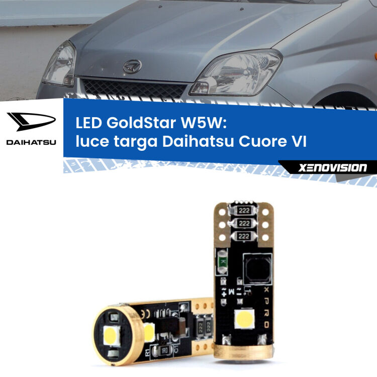 0 Luce Targa LED Daihatsu Cuore VI 2003 - 2007: T10 GoldStar <strong>Luce Targa LED Daihatsu Cuore VI</strong> 2003 - 2007: ottima luminosità a 360 gradi. Si inseriscono ovunque. Canbus, Top Quality.