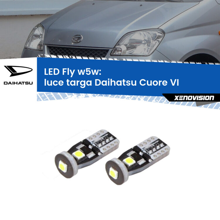 0 Luce Targa LED Daihatsu Cuore VI 2003 - 2007: W5W Fly <strong>luce targa LED per Daihatsu Cuore VI</strong> 2003 - 2007. Coppia lampadine <strong>w5w</strong> Canbus compatte modello Fly Xenovision.