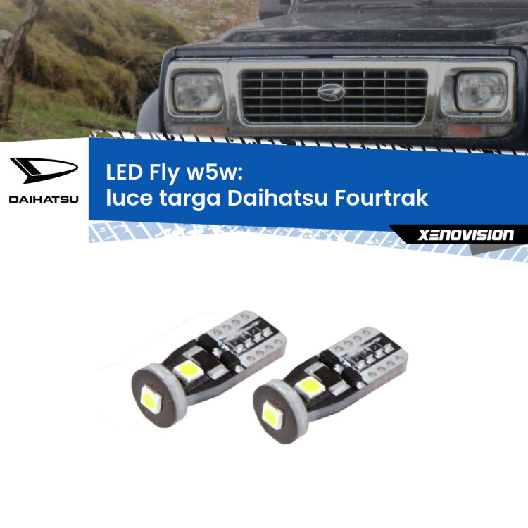 0 Luce Targa LED Daihatsu Fourtrak 1985 - 1998: W5W Fly <strong>luce targa LED per Daihatsu Fourtrak</strong> 1985 - 1998. Coppia lampadine <strong>w5w</strong> Canbus compatte modello Fly Xenovision.