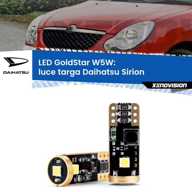 0 Luce Targa LED Daihatsu Sirion 2005 - 2008: T10 GoldStar <strong>Luce Targa LED Daihatsu Sirion</strong> 2005 - 2008: ottima luminosità a 360 gradi. Si inseriscono ovunque. Canbus, Top Quality.