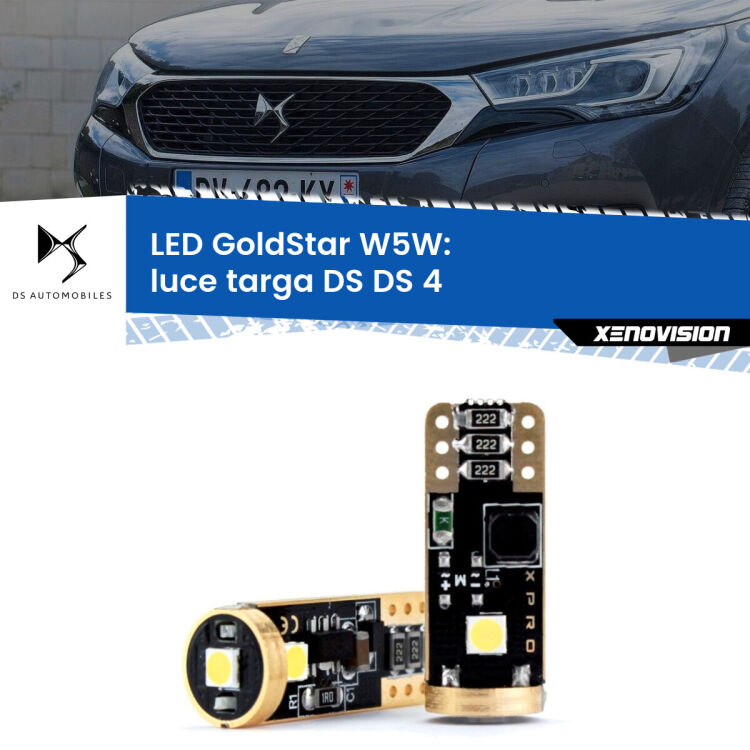 0 Luce Targa LED DS DS 4 2015 in poi: T10 GoldStar <strong>Luce Targa LED DS DS 4</strong> 2015 in poi: ottima luminosità a 360 gradi. Si inseriscono ovunque. Canbus, Top Quality.