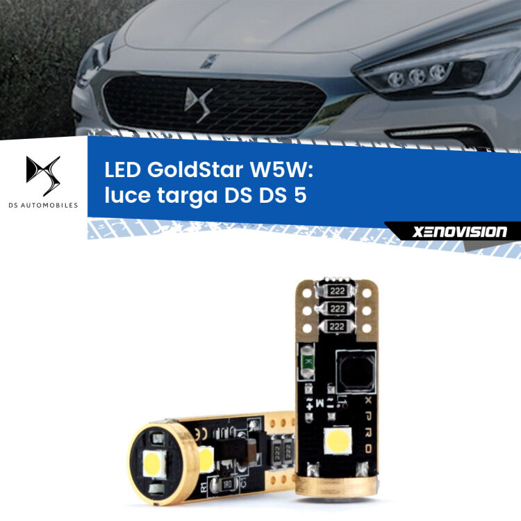 0 Luce Targa LED DS DS 5 2015 in poi: T10 GoldStar <strong>Luce Targa LED DS DS 5</strong> 2015 in poi: ottima luminosità a 360 gradi. Si inseriscono ovunque. Canbus, Top Quality.