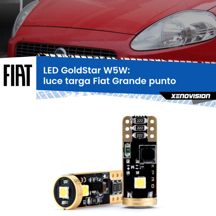 0 Luce Targa LED Fiat Grande punto 2005 - 2018: T10 GoldStar <strong>Luce Targa LED Fiat Grande punto</strong> 2005 - 2018: ottima luminosità a 360 gradi. Si inseriscono ovunque. Canbus, Top Quality.