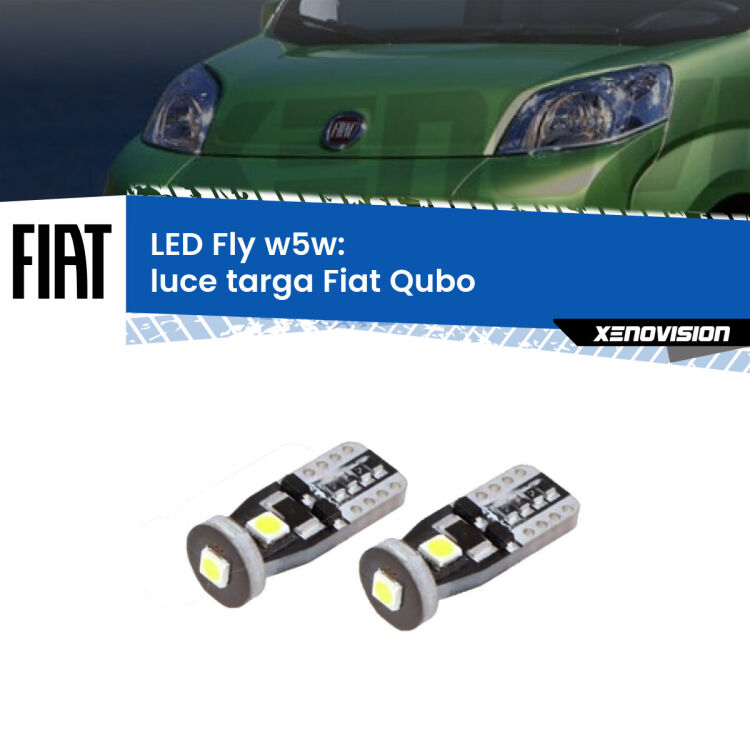 0 Luce Targa LED Fiat Qubo 2008 - 2021: W5W Fly <strong>luce targa LED per Fiat Qubo</strong> 2008 - 2021. Coppia lampadine <strong>w5w</strong> Canbus compatte modello Fly Xenovision.