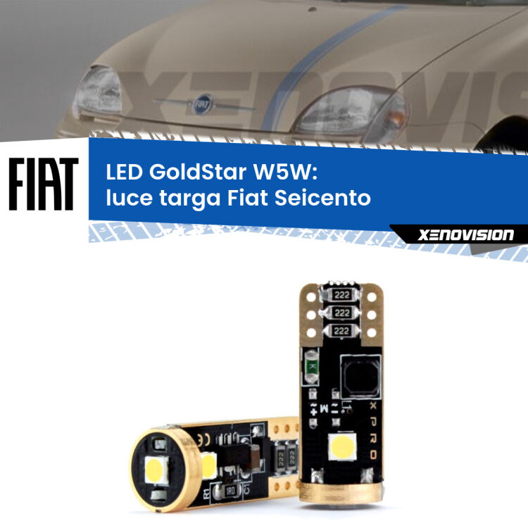 0 Luce Targa LED Fiat Seicento 1998 - 2010: T10 GoldStar <strong>Luce Targa LED Fiat Seicento</strong> 1998 - 2010: ottima luminosità a 360 gradi. Si inseriscono ovunque. Canbus, Top Quality.