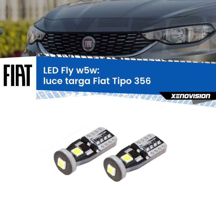 0 Luce Targa LED Fiat Tipo 356 2015 in poi: W5W Fly <strong>luce targa LED per Fiat Tipo</strong> 356 2015 in poi. Coppia lampadine <strong>w5w</strong> Canbus compatte modello Fly Xenovision.