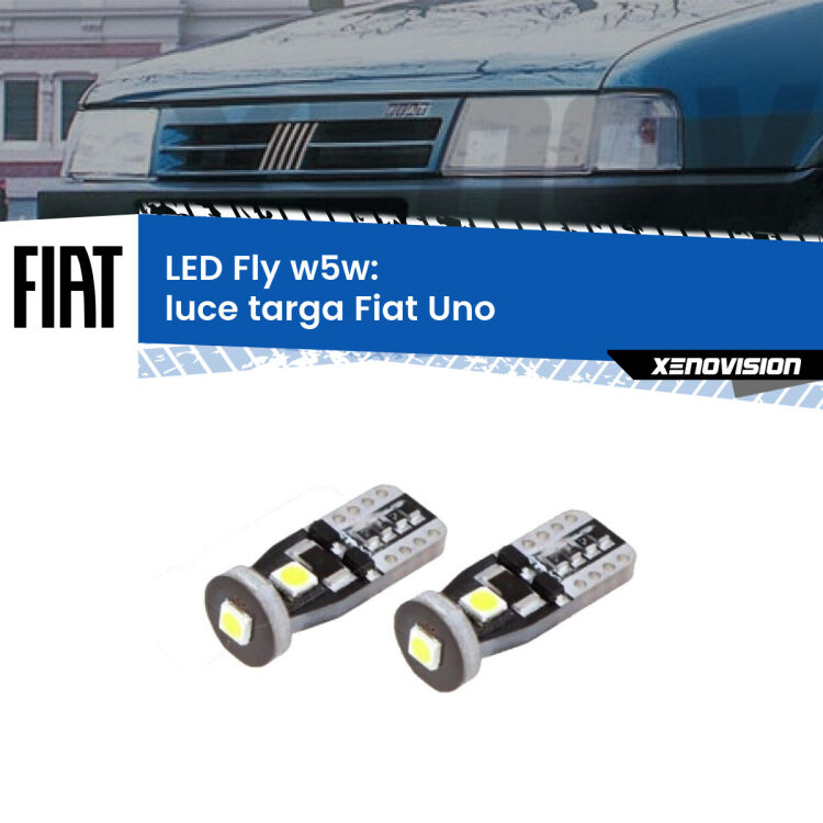 0 Luce Targa LED Fiat Uno 1983 - 1995: W5W Fly <strong>luce targa LED per Fiat Uno</strong> 1983 - 1995. Coppia lampadine <strong>w5w</strong> Canbus compatte modello Fly Xenovision.
