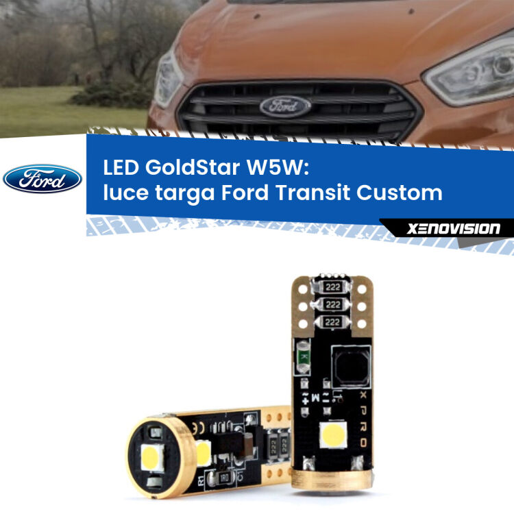 0 Luce Targa LED Ford Transit Custom 2012 - 2022: T10 GoldStar <strong>Luce Targa LED Ford Transit Custom</strong> 2012 - 2022: ottima luminosità a 360 gradi. Si inseriscono ovunque. Canbus, Top Quality.
