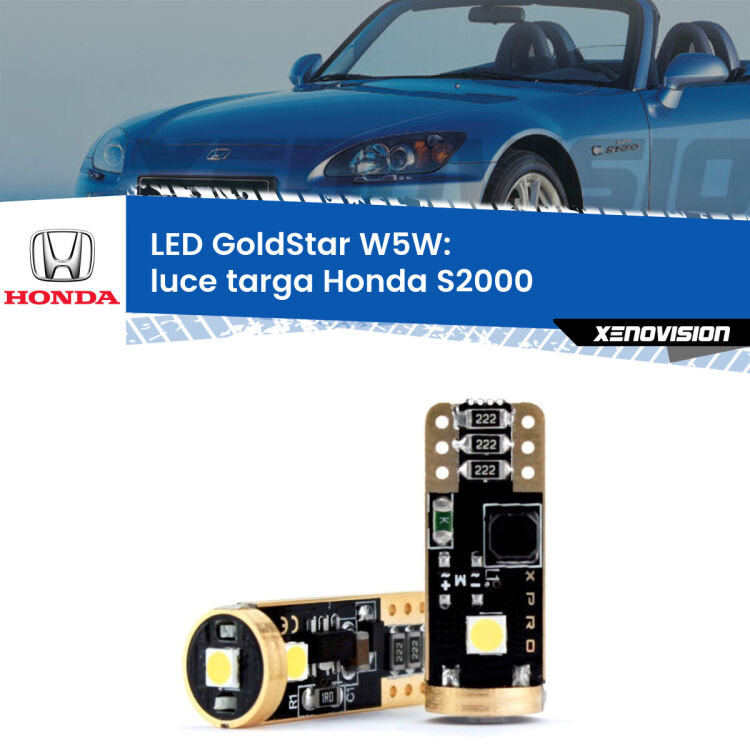 0 Luce Targa LED Honda S2000 1999 - 2009: T10 GoldStar <strong>Luce Targa LED Honda S2000</strong> 1999 - 2009: ottima luminosità a 360 gradi. Si inseriscono ovunque. Canbus, Top Quality.
