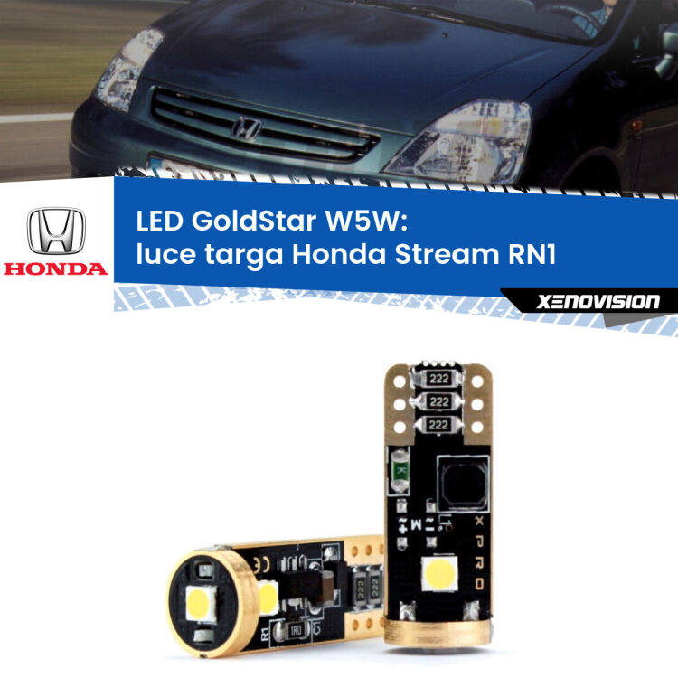 0 Luce Targa LED Honda Stream RN1 2001 - 2006: T10 GoldStar <strong>Luce Targa LED Honda Stream</strong> RN1 2001 - 2006: ottima luminosità a 360 gradi. Si inseriscono ovunque. Canbus, Top Quality.