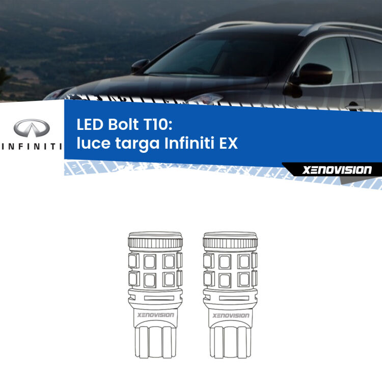 0 Luce Targa LED Infiniti EX 2008 in poi: T10 Bolt <strong>Luce Targa LED per Infiniti EX</strong> 2008 in poi. Coppia lampade <strong>T10</strong> modello Bolt canbus.