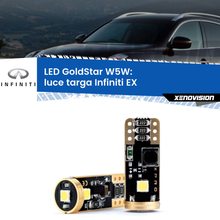 0 Luce Targa LED Infiniti EX 2008 in poi: T10 GoldStar <strong>Luce Targa LED Infiniti EX</strong> 2008 in poi: ottima luminosità a 360 gradi. Si inseriscono ovunque. Canbus, Top Quality.