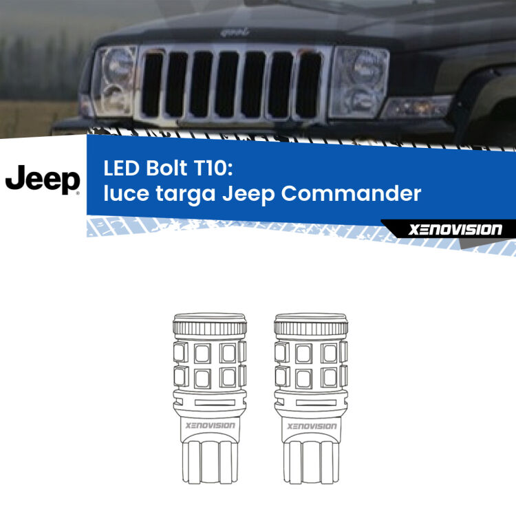 0 Luce Targa LED Jeep Commander 2005 - 2010: T10 Bolt <strong>Luce Targa LED per Jeep Commander</strong> 2005 - 2010. Coppia lampade <strong>T10</strong> modello Bolt canbus.