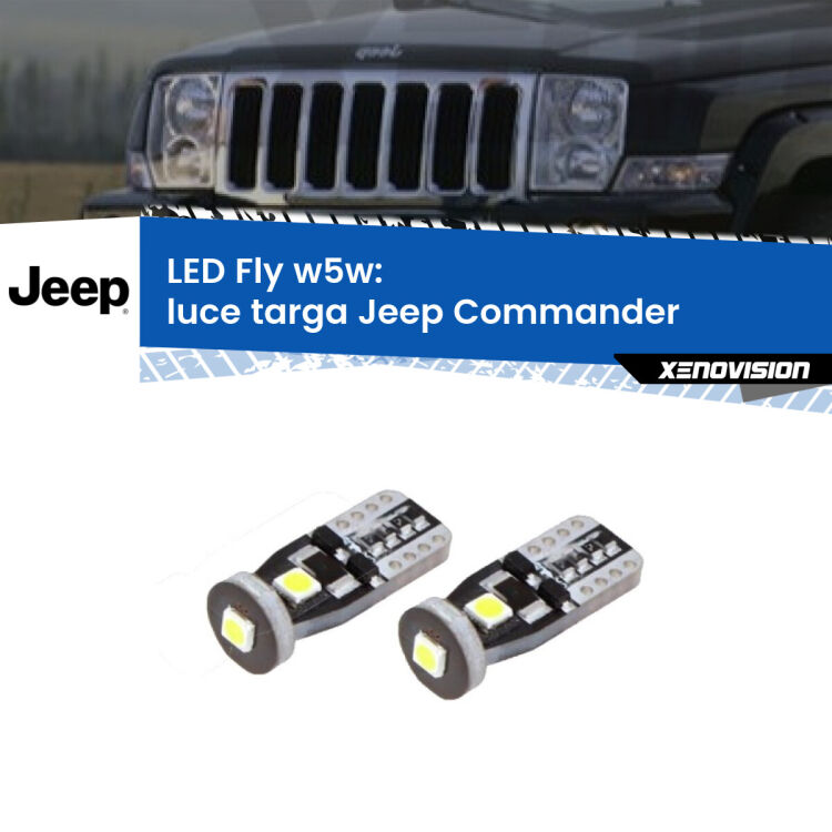 0 Luce Targa LED Jeep Commander 2005 - 2010: W5W Fly <strong>luce targa LED per Jeep Commander</strong> 2005 - 2010. Coppia lampadine <strong>w5w</strong> Canbus compatte modello Fly Xenovision.