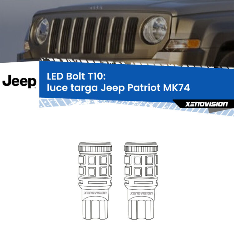 0 Luce Targa LED Jeep Patriot MK74 2007 - 2017: T10 Bolt <strong>Luce Targa LED per Jeep Patriot</strong> MK74 2007 - 2017. Coppia lampade <strong>T10</strong> modello Bolt canbus.