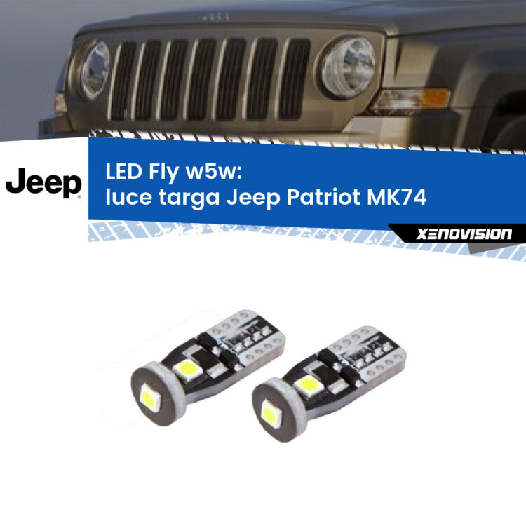 0 Luce Targa LED Jeep Patriot MK74 2007 - 2017: W5W Fly <strong>luce targa LED per Jeep Patriot</strong> MK74 2007 - 2017. Coppia lampadine <strong>w5w</strong> Canbus compatte modello Fly Xenovision.