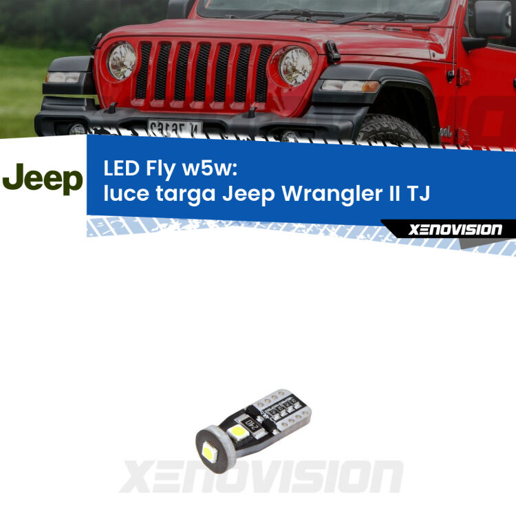 <strong>luce targa LED per Jeep Wrangler II</strong> TJ 1996 - 2005. Coppia lampadine <strong>w5w</strong> Canbus compatte modello Fly Xenovision.
