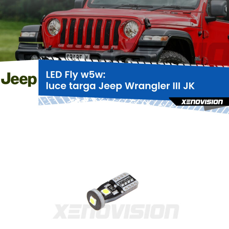 <strong>luce targa LED per Jeep Wrangler III</strong> JK 2006 - 2016. Coppia lampadine <strong>w5w</strong> Canbus compatte modello Fly Xenovision.