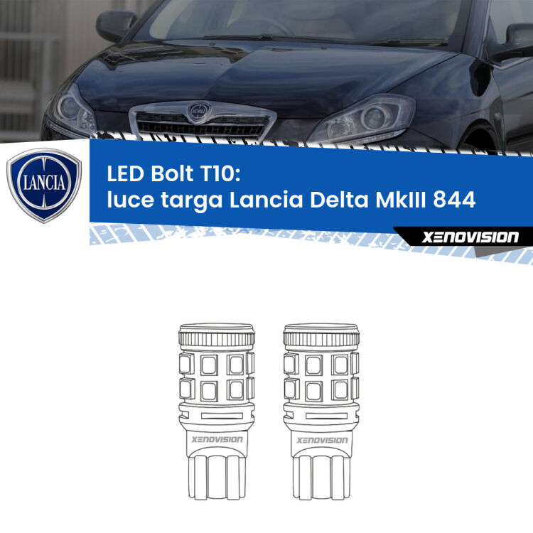0 Luce Targa LED Lancia Delta MkIII 844 2008 - 2014: T10 Bolt <strong>Luce Targa LED per Lancia Delta MkIII</strong> 844 2008 - 2014. Coppia lampade <strong>T10</strong> modello Bolt canbus.