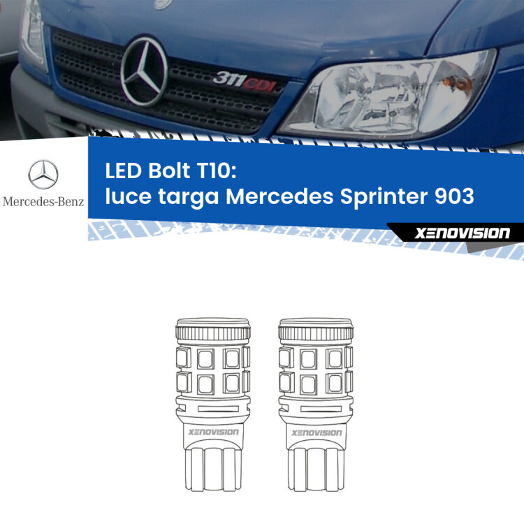 0 Luce Targa LED Mercedes Sprinter 903 1995 - 2006: T10 Bolt <strong>Luce Targa LED per Mercedes Sprinter</strong> 903 1995 - 2006. Coppia lampade <strong>T10</strong> modello Bolt canbus.