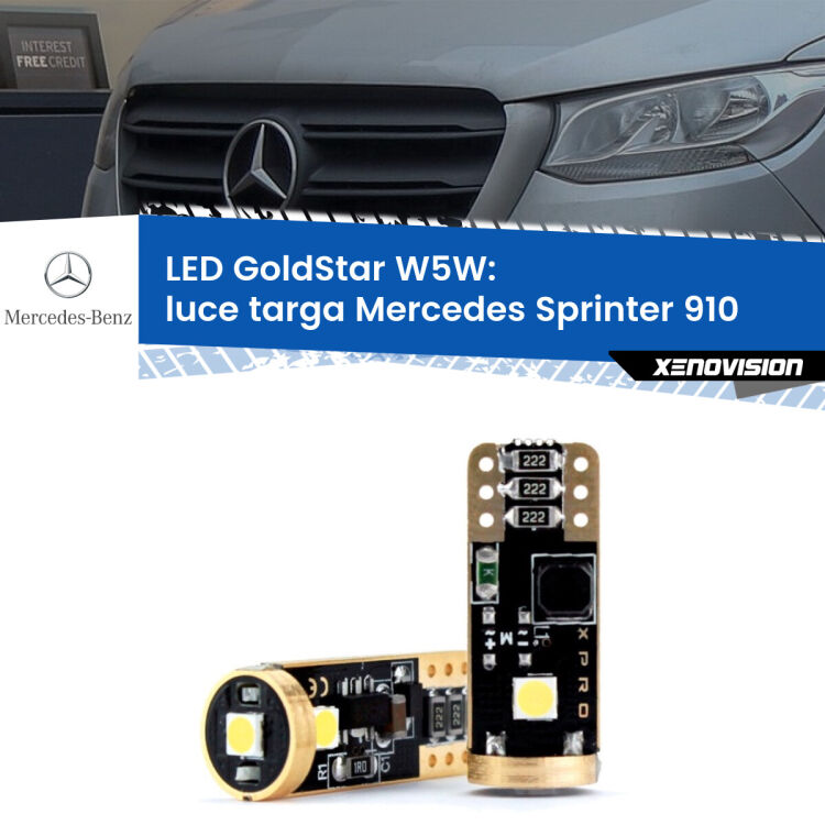0 Luce Targa LED Mercedes Sprinter 910 2018 in poi: T10 GoldStar <strong>Luce Targa LED Mercedes Sprinter</strong> 910 2018 in poi: ottima luminosità a 360 gradi. Si inseriscono ovunque. Canbus, Top Quality.
