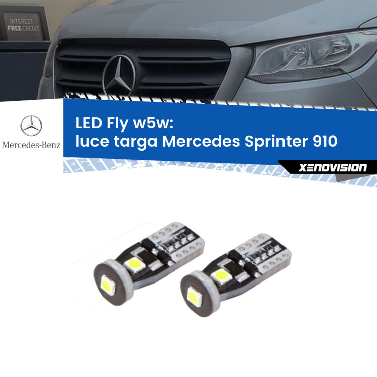0 Luce Targa LED Mercedes Sprinter 910 2018 in poi: W5W Fly <strong>luce targa LED per Mercedes Sprinter</strong> 910 2018 in poi. Coppia lampadine <strong>w5w</strong> Canbus compatte modello Fly Xenovision.